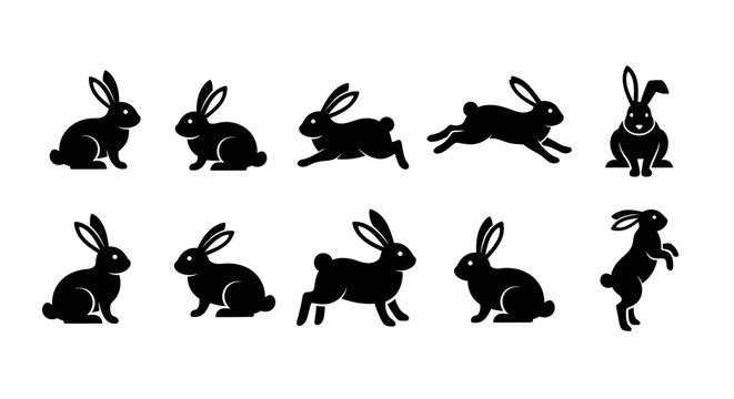 Diverse Collection of Black Rabbit Silhouettes Capturing Various Actions and Poses, from Playful Jumps to Calm Sits, Ideal for Graphic Design and Animal-Themed Projects
