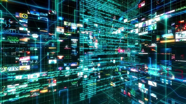 Futuristic Data Media Matrix with Streaming Video Walls and Code