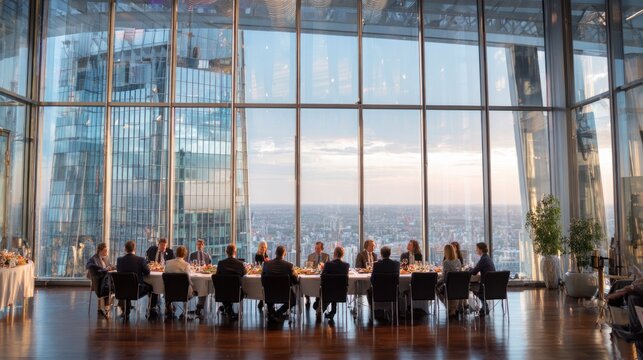 Business professionals at corporate event with canapes and snacks in modern sky-high conference room