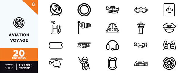 Comprehensive collection of minimalist line icons representing various aspects of modern aviation and air travel. © Deezora
