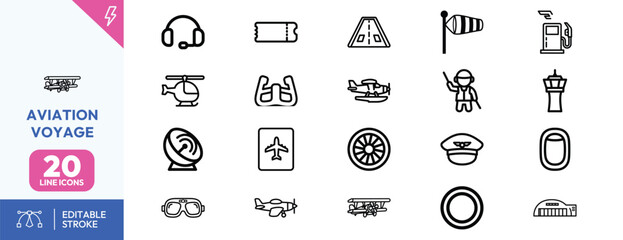 Professional collection of twenty aviation and flight icons featuring planes airports navigation and travel equipment © Deezora