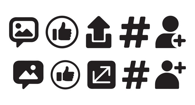 Social media icons featuring image posts, likes, uploads, hashtags, and new user additions.