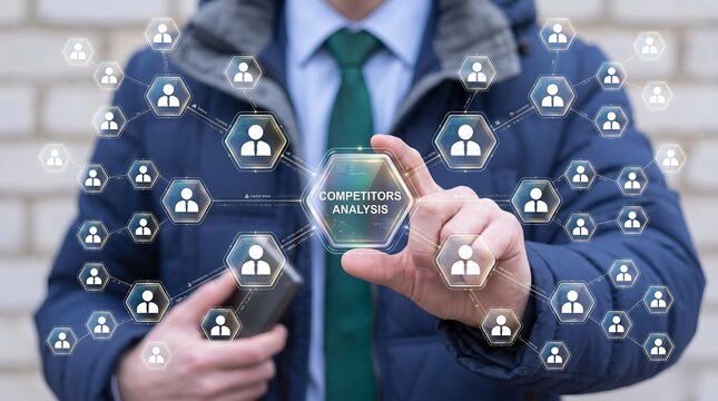 Concept for competitors and market analysis, consumers. businessman holding a virtual screen with social network growth, report