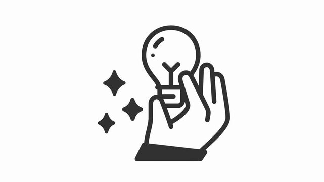 hand holding bulb sparkles minimal icon animation - Clean minimal icon of a hand holding a light bulb with sparkles, representing inspiration and creative ideas.