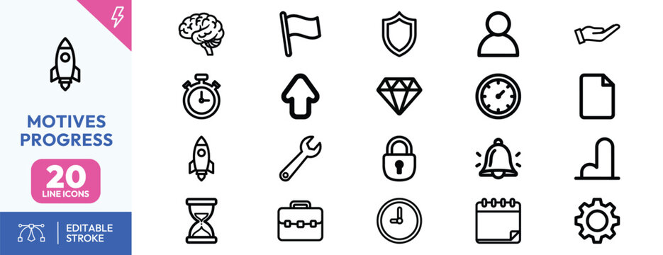 Comprehensive collection of minimalist outline icons representing business growth strategy performance and professional development motives