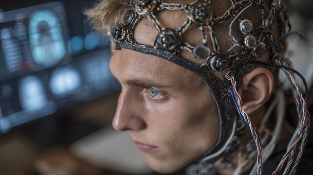 Focused Young Man Undergoing Brain Scan with Electrodes for Medical Research