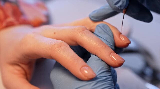 Macro beauty shot of a nail technician refining a glossy nude manicure with ultra-fine brush precision, emphasizing clean contour work and elegant salon craftsmanship.
