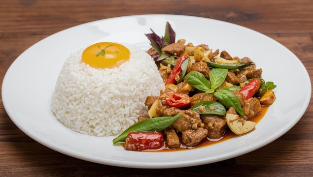 Stir-fried basil dish with rice and egg on a white plate.