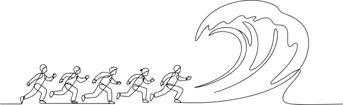 People are running away from the oncoming wave. Natural disaster. one line art icon drawing vector