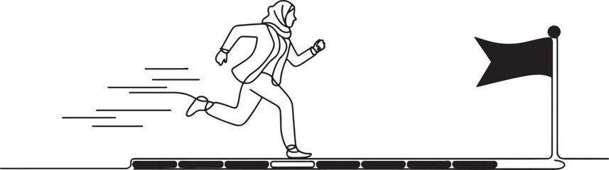 Obraz premium Cartoon of muslim woman enterpreneur run on progress bar to achieve success flag. one line art icon drawing vector