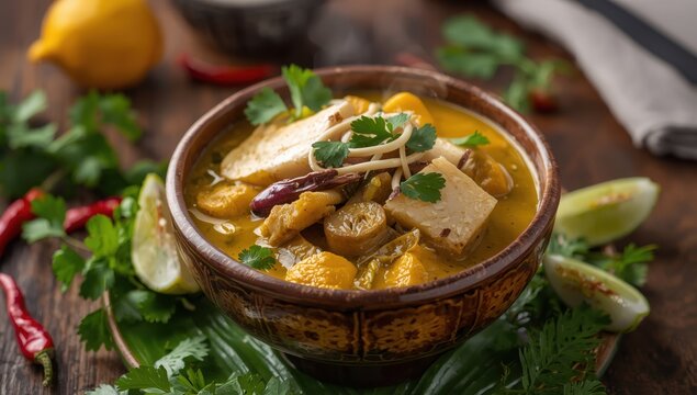 Thai yellow curry with sea bass and coconut sprouts.