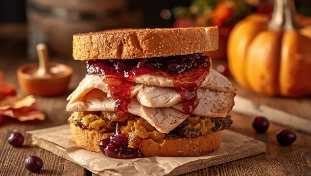 Thanksgiving turkey, stuffing, and cranberry sauce.