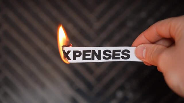Burning &ldquo;EXPENSES&rdquo; concept symbolizing cost savings, lower bills, budget relief, reduced overhead, and freedom from rising household or business spending.