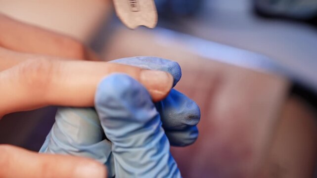 Macro close-up of a gloved nail technician refining a client&rsquo;s natural fingernail with a disposable file during detailed salon manicure preparation.