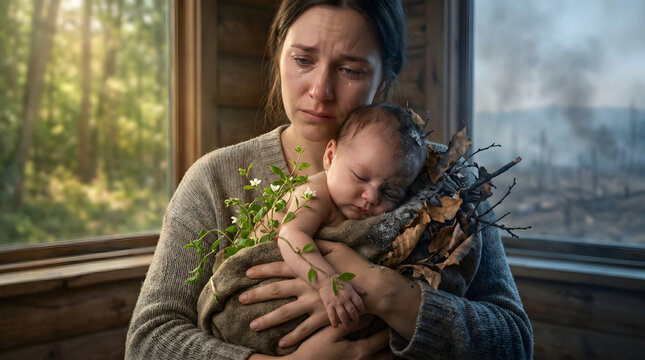 A mother cradles her newborn, a symbol of hope amidst environmental destruction and a plea for a sustainable future