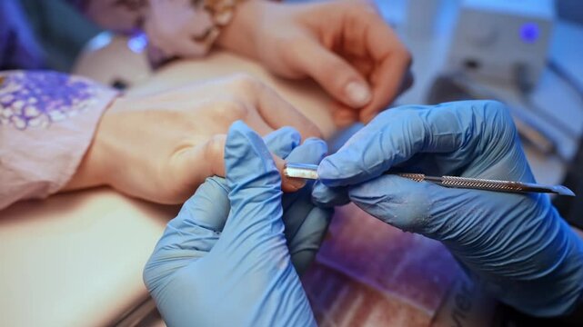 Wide salon view of a nail specialist using a manual cuticle pusher on a client&rsquo;s thumb, suited for beauty service, hygiene routine, and manicure workflow visuals.