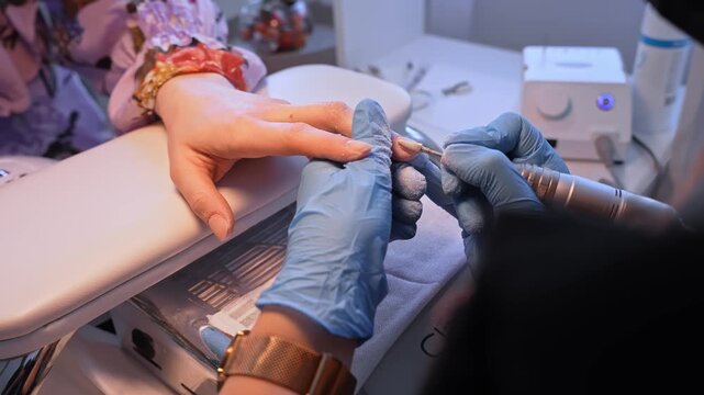 Professional nail technician shapes a client&rsquo;s natural nails with an electric file in a clean salon, capturing manicure prep, precision, and beauty care workflow.