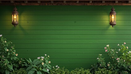Fototapeta premium Wall of a greenhouse featuring lanterns in the background.