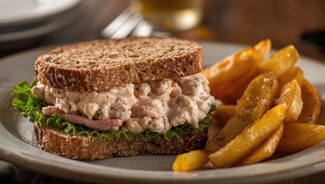 Wheat bread ham salad with lettuce and potato wedges.
