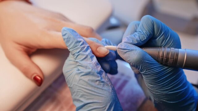 Wide close-up of a ceramic e-file bit refining a natural fingernail before product application, ideal for professional beauty service, prep workflow, and clean finish concepts.