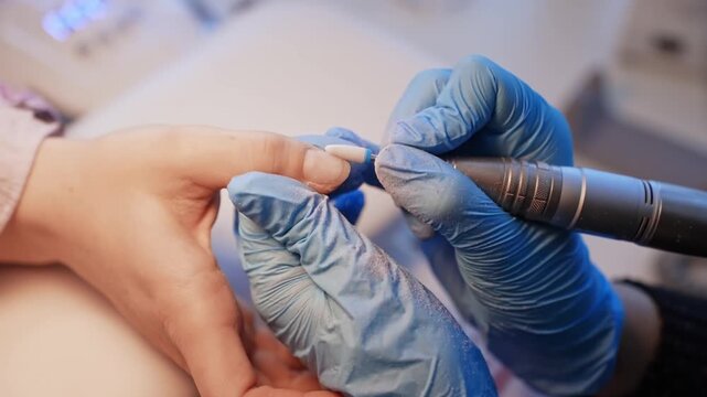 Salon close-up of a ceramic nail drill bit preparing a natural thumbnail for polish, highlighting pro manicure workflow, electric tool handling, and clean beauty service.