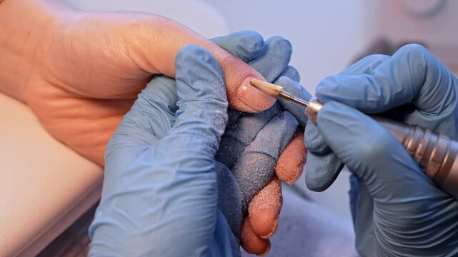 Close salon shot of a nail specialist using an electric bit to refine a natural thumbnail, with visible filing dust and careful prep during a professional manicure.