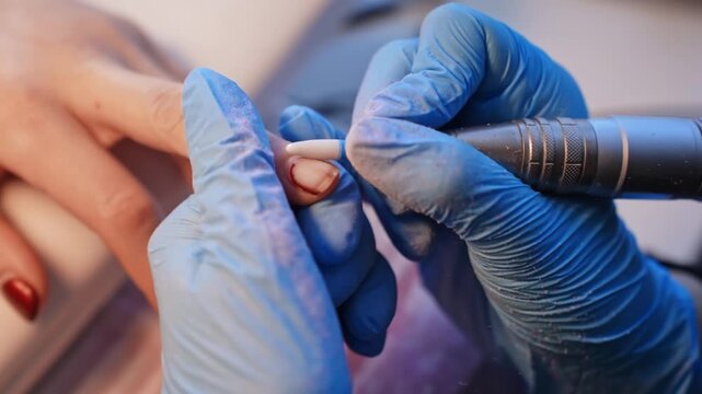Close-up of a gloved nail technician using a ceramic e-file bit on a sensitive thumbnail, capturing careful corrective manicure work and precise salon tool control.