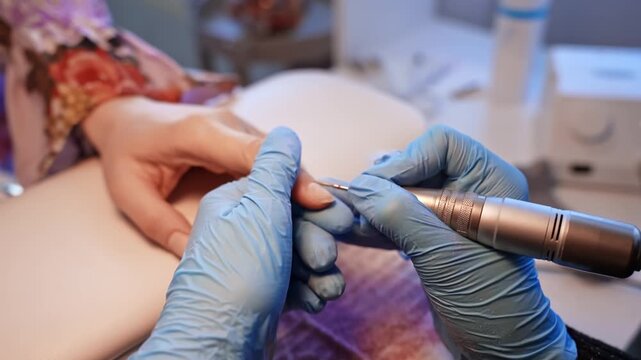 Close-up of a nail technician using an electric drill bit for precise cuticle work during a professional manicure treatment in a beauty salon.