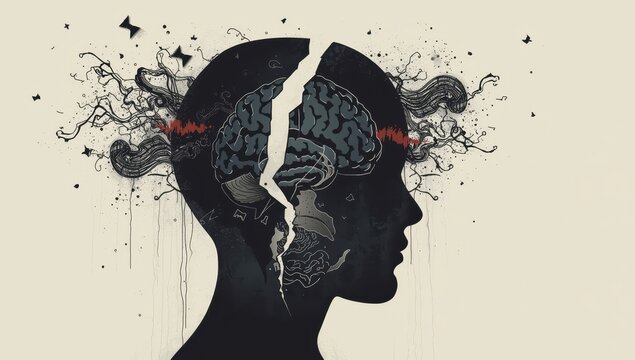 Fragmented head silhouette featuring dark aspects. Concept of chronic stress and mental well-being.