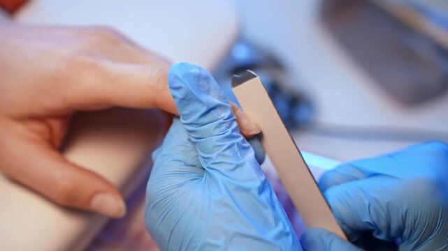 Close-up of a gloved nail technician shaping a client&rsquo;s natural fingernail with an emery board during precise professional manicure preparation.