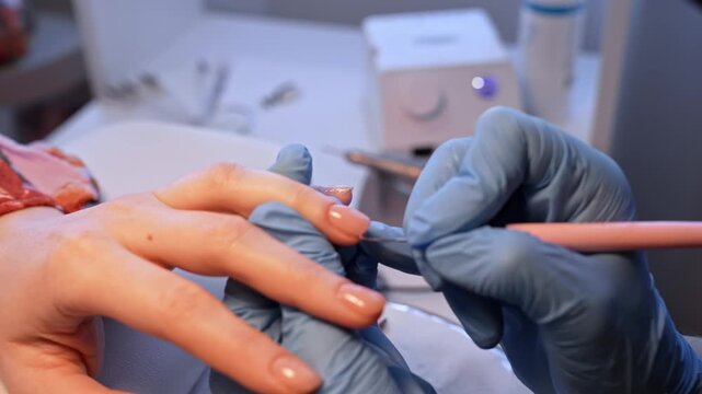 Wide salon view of a nail technician refining a soft nude manicure with a detail brush, showcasing precise finishing, elegant minimal styling, and professional beauty care.