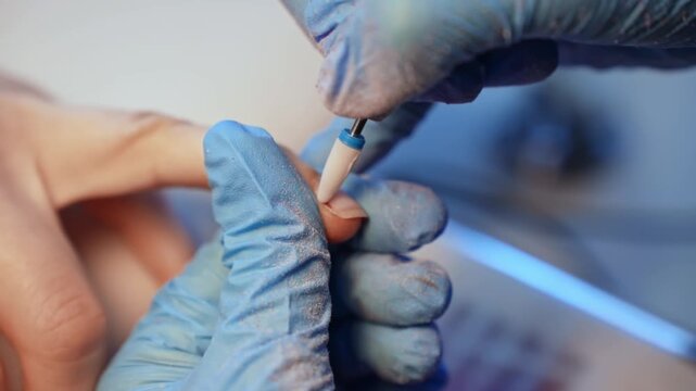 Macro close-up of a ceramic e-file bit performing careful corrective work on a sensitive thumbnail, highlighting precision salon technique and professional restorative nail care.