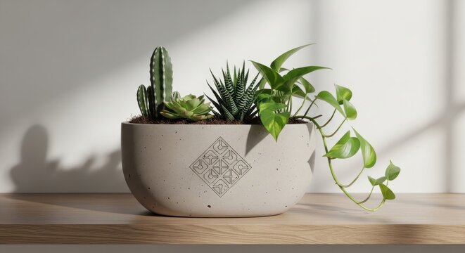 Taupe Concrete Planter Filled With Assorted Succulents and Cacti on a Wooden Shelf