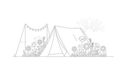Hand-drawn tent with flowers and string lights, summer camping doodle art © Margo