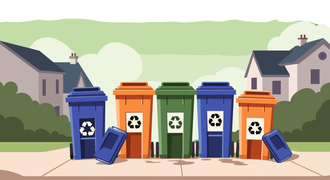 Recycling Bins Vector Illustration, Colorful Garbage Containers for Waste Sorting, Eco-Friendly Disposal, Isolated on transparent background, Stock Image