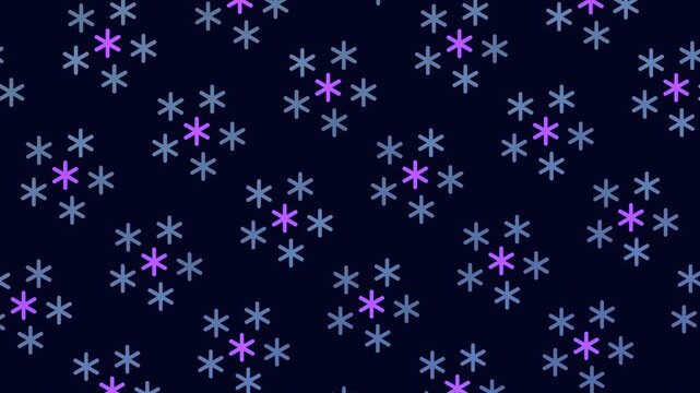 Abstract winter snowfall animation with repeating snowflake shapes in purple and light blue on a dark navy background, festive seasonal backdrop for holiday designs