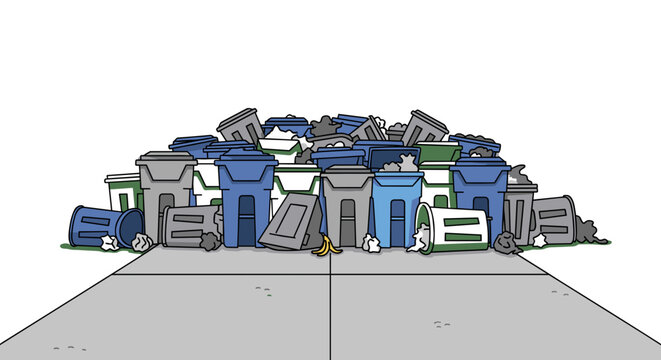 Overfilled Garbage Cans Illustration: Municipal Waste Crisis, Cartoon Style Trash Bins, Environmental Concerns, Landfill Overflow, Vector Concept, isolated on transparent background.