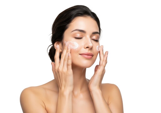 Beautiful woman applying cream to face isolated on transparent background skincare routine