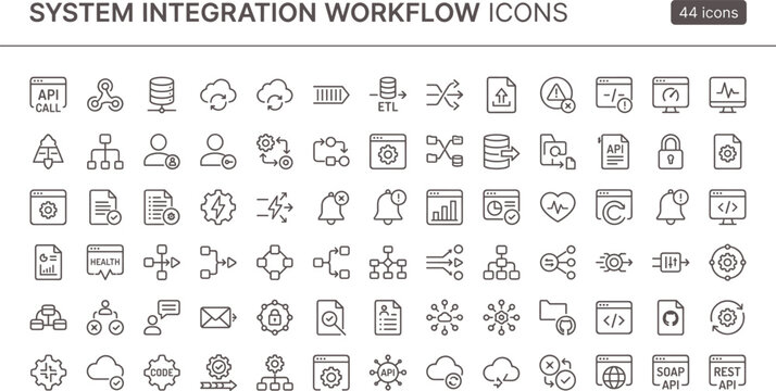System integration workflow icon set in modern outline style for API connectivity dashboard interface and enterprise process automation systems