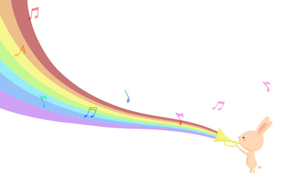 トランペットを吹くウサギと虹