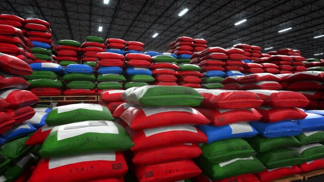Industrial warehouse interior with stacked red green and blue material bags under overhead lighting arranged in rows as logistics background visual