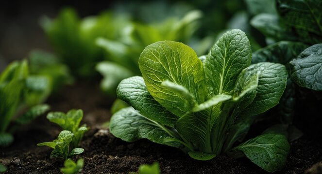 Young green vegetable plants growing in a garden bed with vibrant leaves and textured surfaces
