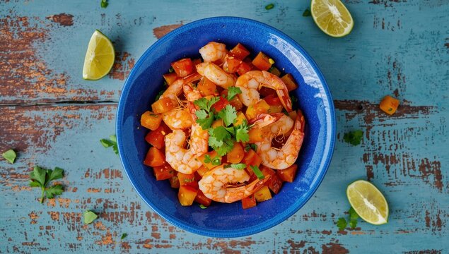 Ceviche with Ecuadorian shrimp and tomatoes in a blue bowl on a wooden blue surface; a traditional dish from Ecuador, Colombia, or Mexico.