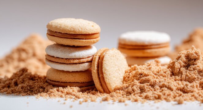 A close-animated movie of a stack of vanilla and caramel flavored macarons arranged on a surface with scattered crumbs and beige linen colored fabric in the background