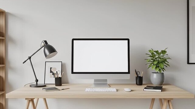 Minimalist Home Office with Computer Display and Stylish Desk Setup