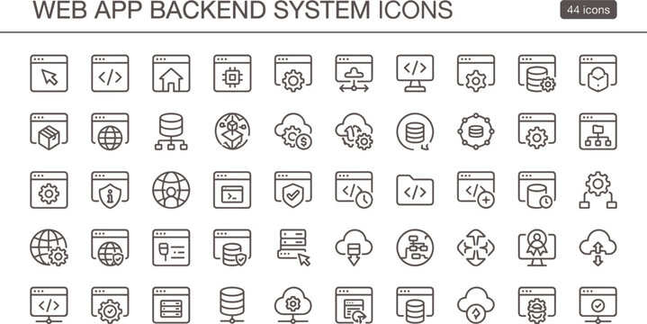 Web app backend system icon set in modern outline style for server infrastructure dashboard interface and software development applications