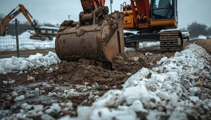 Fototapeta premium Close-up of an excavator bucket tearing through frozen ground on a snowy road in winter construction.