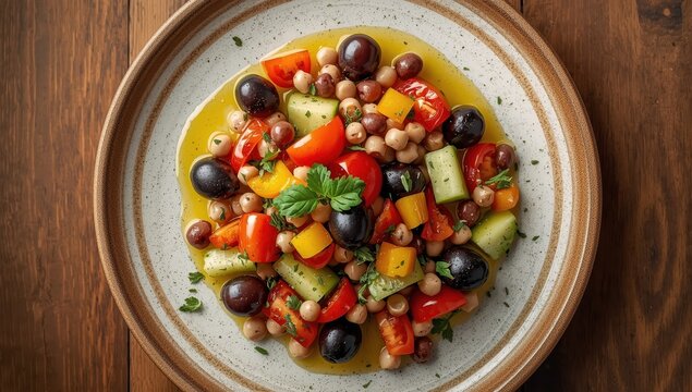 Closeup of Feneos Mavromatika salad with black-eyed peas and vegetables on a plate, seen from above.