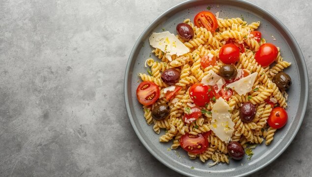 Orzo pasta salad with tomatoes, olives, and parmesan on a gray plate against a concrete backdrop. Italian cuisine.