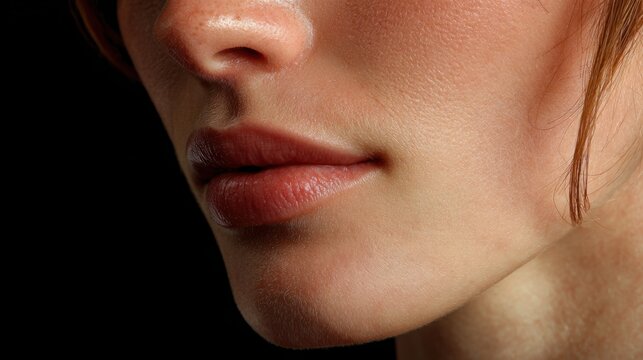 A woman's chin with sideburns and smooth skin, highlighting facial features and natural texture